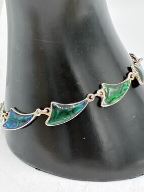 Vintage Iridescent Green Blue Enamel Wave Link Bracelet Silver Tone 7 Inch